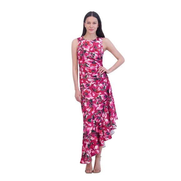 Eliza J Magenta Floral Print Ruffle High Low A Line Dress Sz.8 NWT - Picture 1 of 16